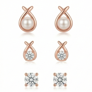 LUXE 925 Sterling Silver Rose Gold Plated Assorted Stud Earrings Set of 3 Fine Jewellery for Women