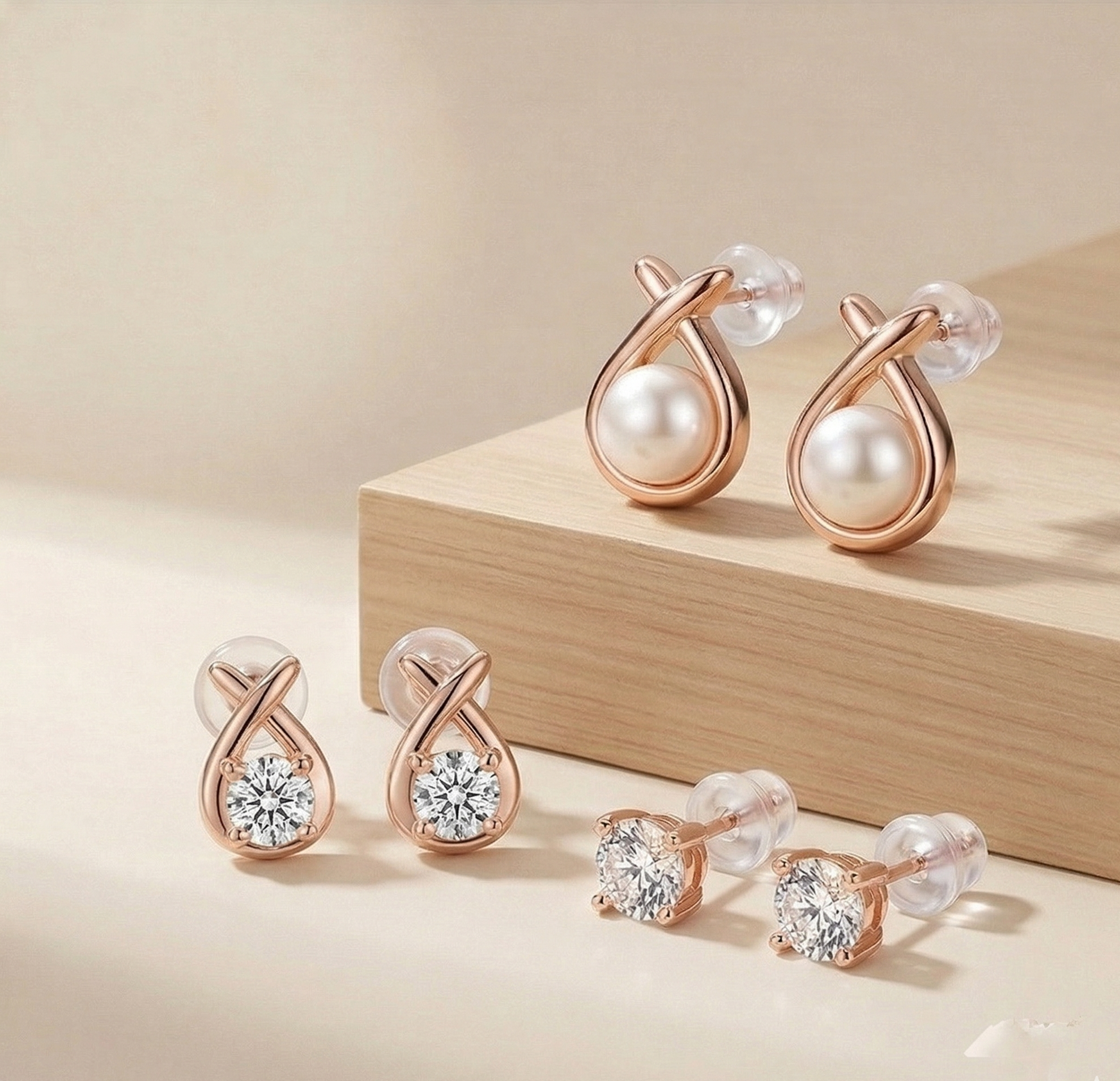 LUXE 925 Sterling Silver Rose Gold Plated Assorted Stud Earrings Set of 3 Fine Jewellery for Women