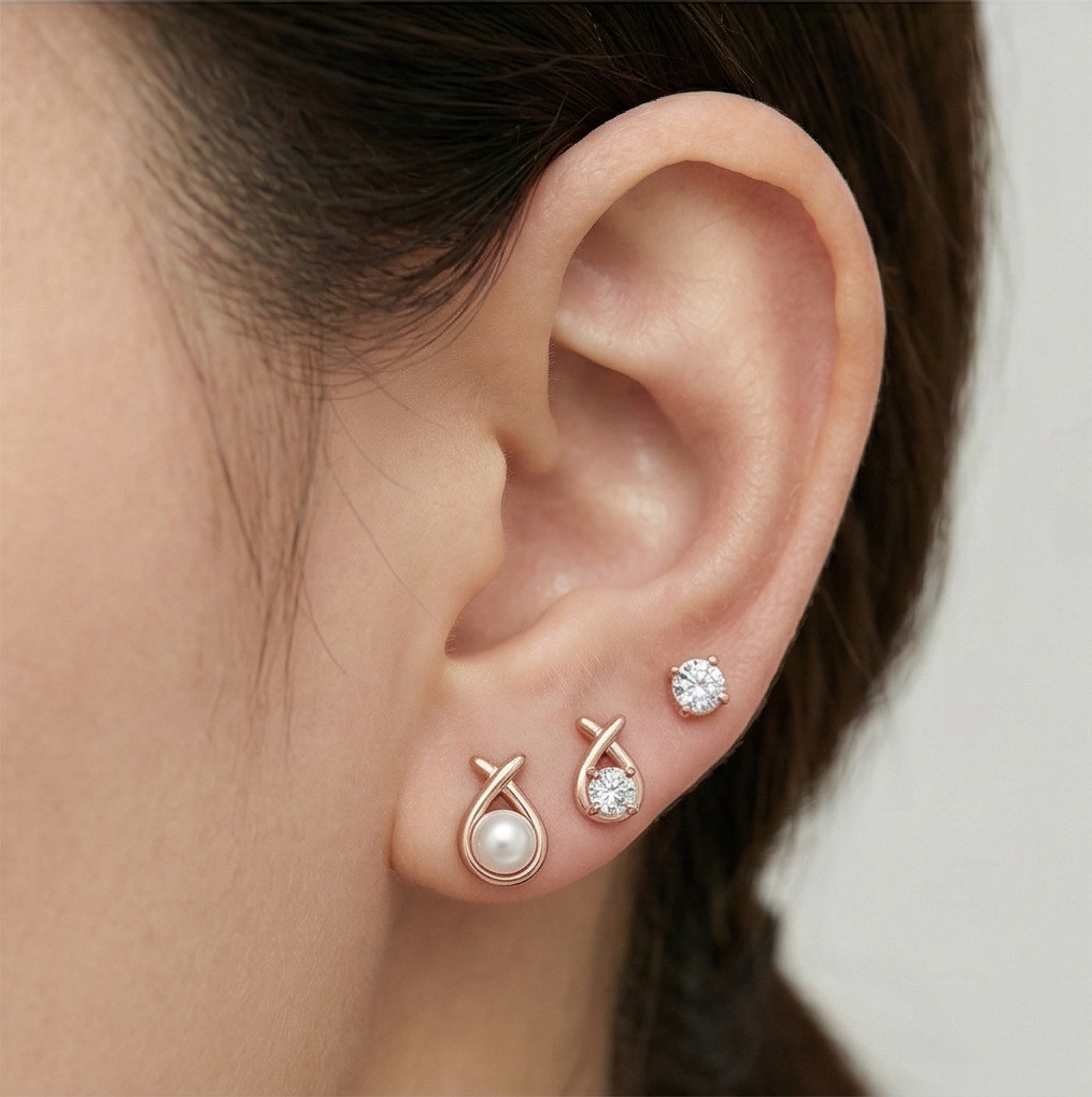 LUXE 925 Sterling Silver Rose Gold Plated Assorted Stud Earrings Set of 3 Fine Jewellery for Women