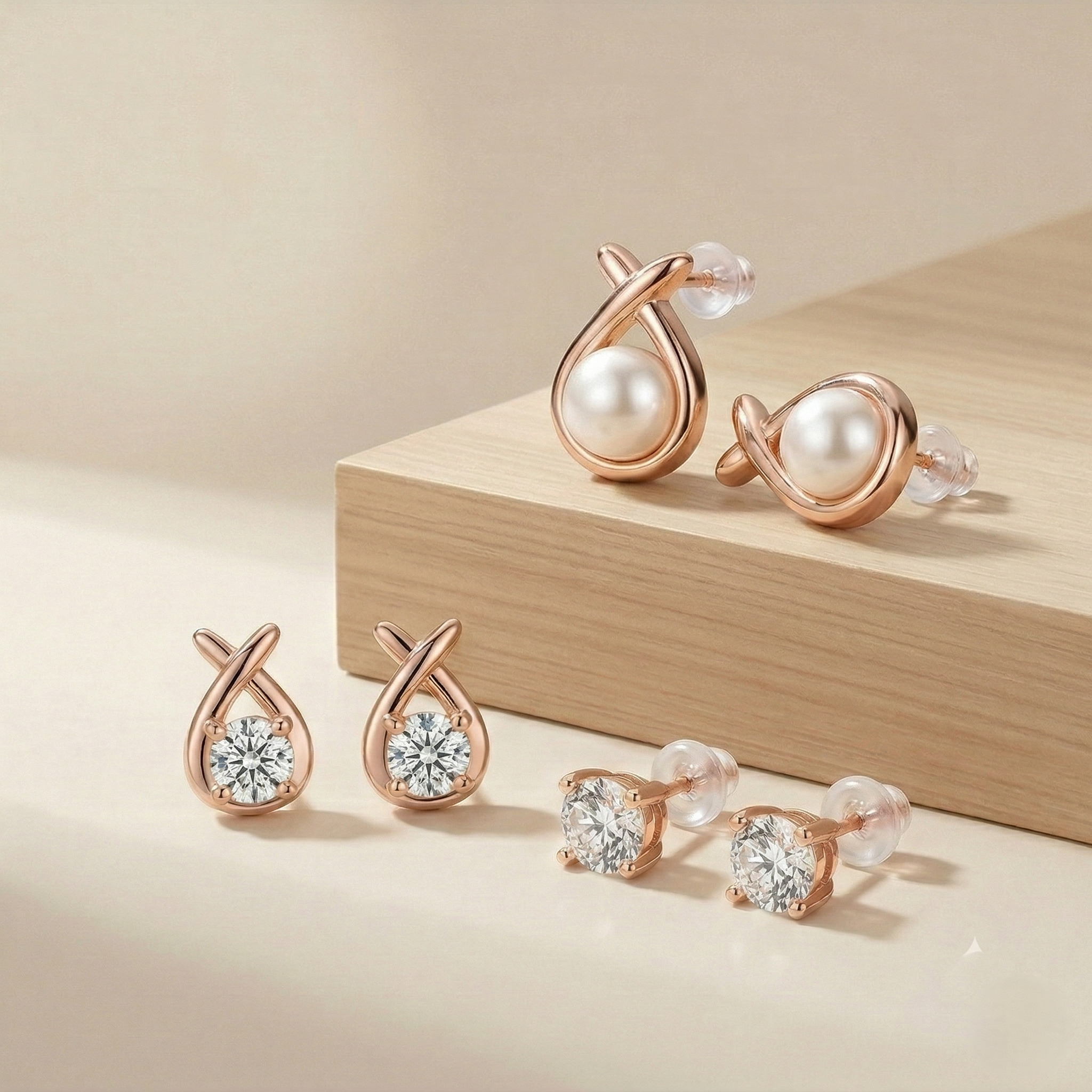 LUXE 925 Sterling Silver Rose Gold Plated Assorted Stud Earrings Set of 3 Fine Jewellery for Women