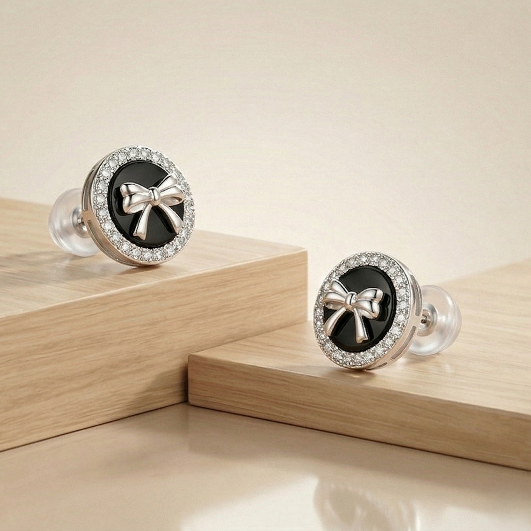 LUXE 925 Sterling Silver Black Enamel Bow Halo Stud Earrings High Polish Rhodium Finish Fine Jewellery for Women