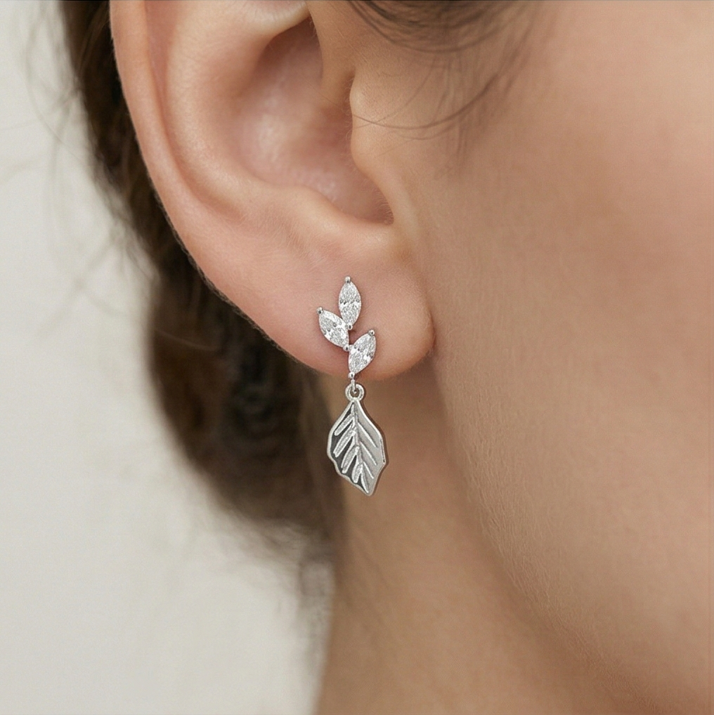 LUXE 925 Sterling Silver Nature Inspired Leaf Drop Earrings High Polish Rhodium Finish Fine Jewellery for Women
