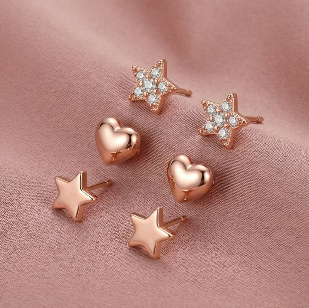 LUXE 925 Sterling Silver Rose Gold Plated Heart and Star Stud Earrings Set of 3 Fine Jewellery for Women