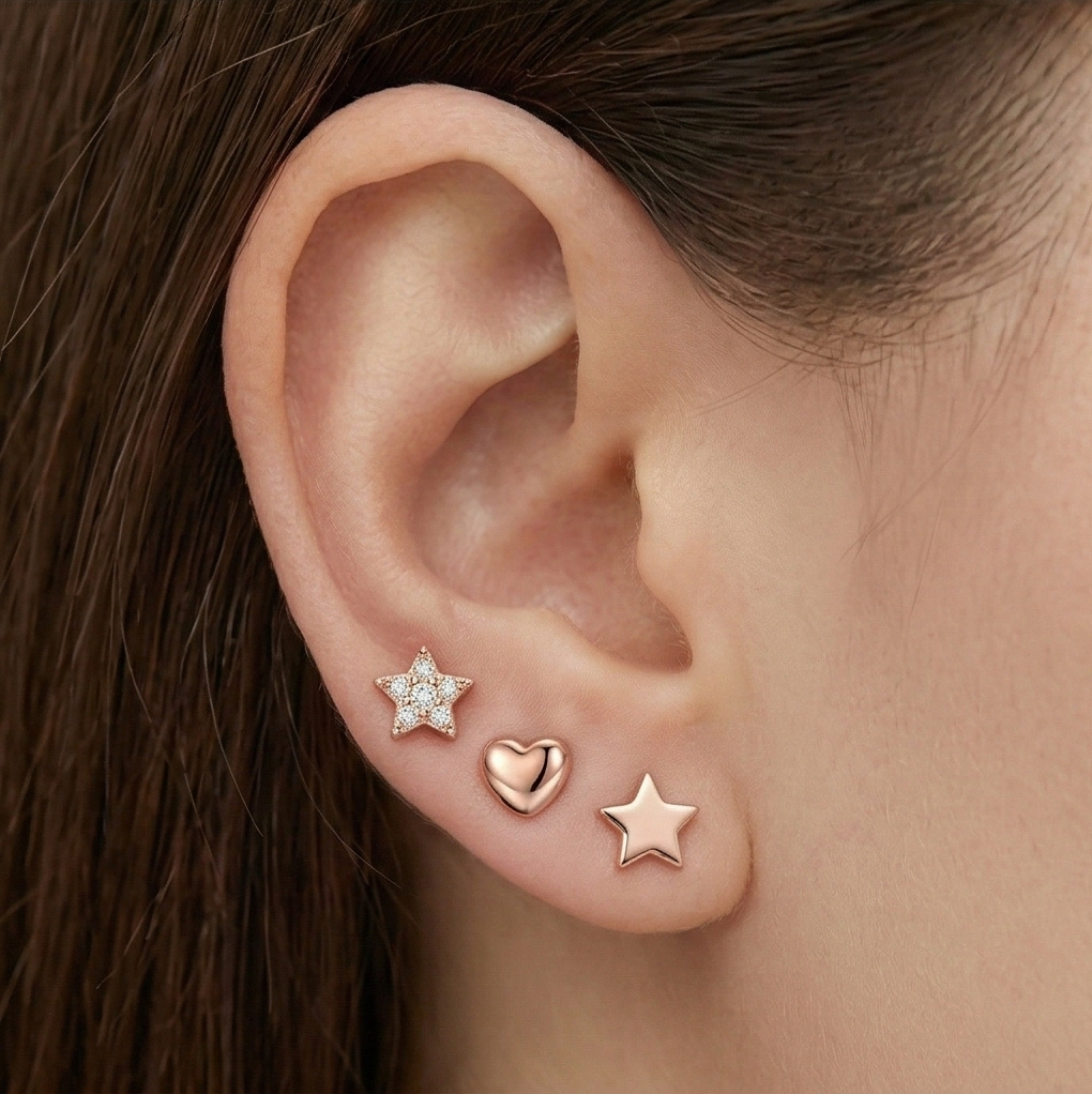 LUXE 925 Sterling Silver Rose Gold Plated Heart and Star Stud Earrings Set of 3 Fine Jewellery for Women