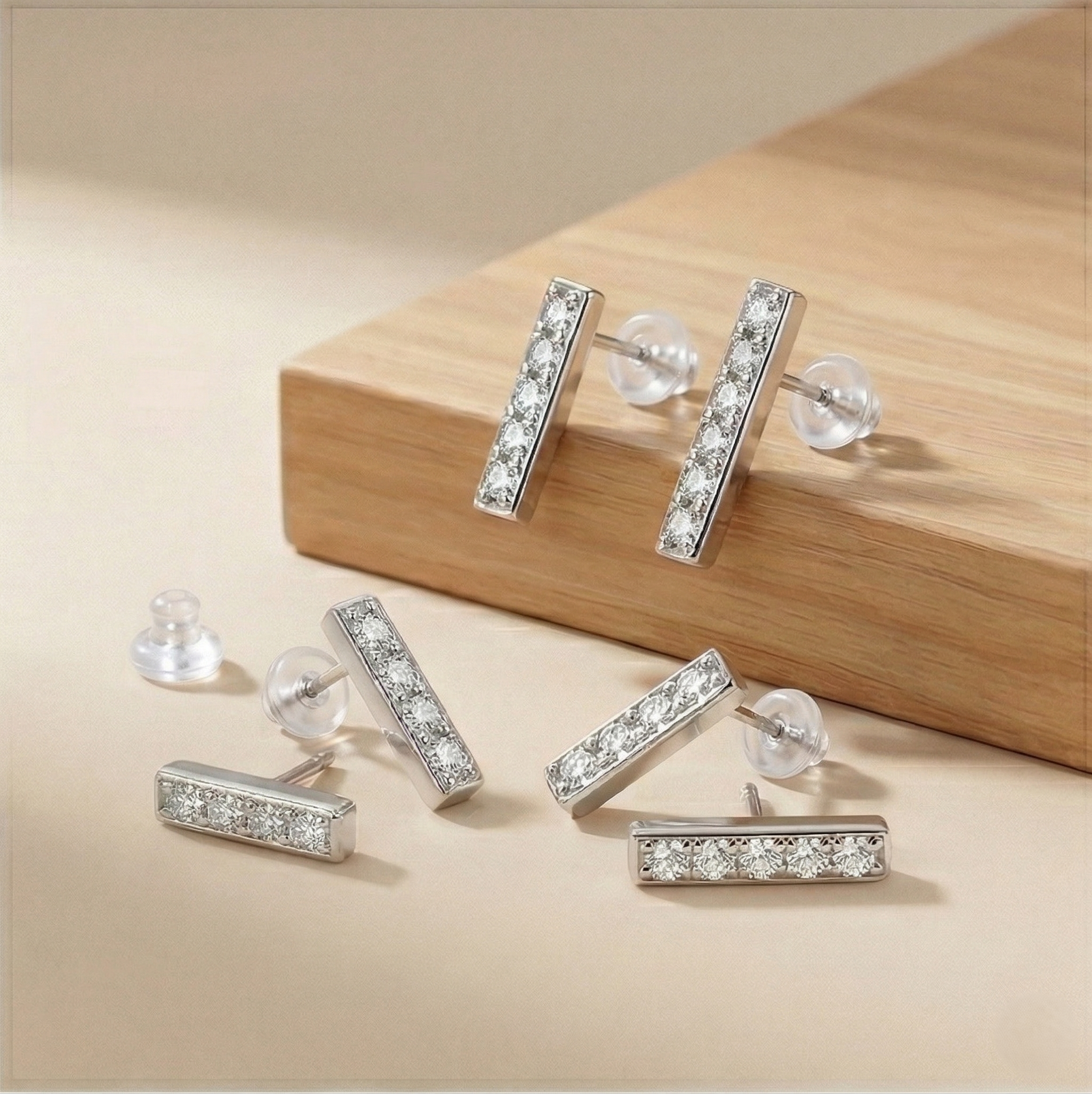 LUXE 925 Sterling Silver Minimalist Bar Stud Earrings Set of 3 High Polish Rhodium Finish Fine Jewellery for Women