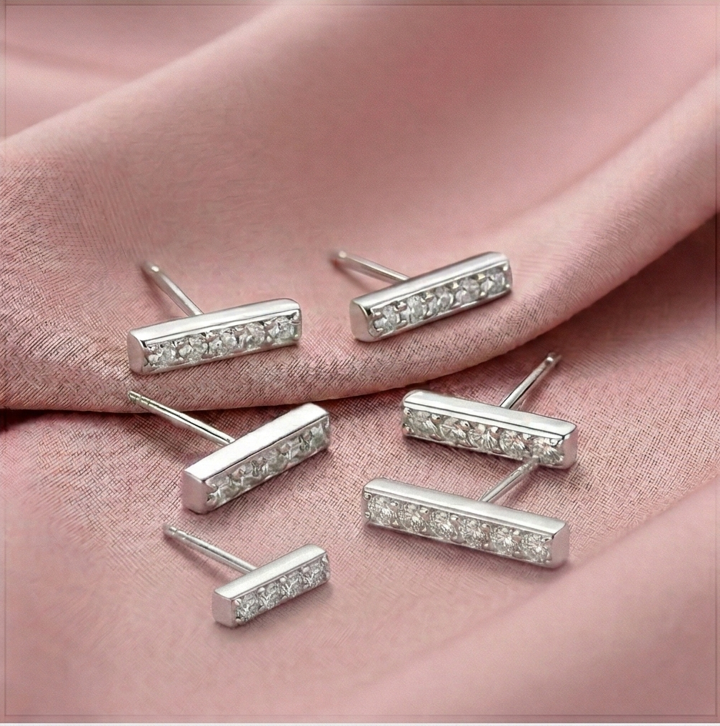 LUXE 925 Sterling Silver Minimalist Bar Stud Earrings Set of 3 High Polish Rhodium Finish Fine Jewellery for Women