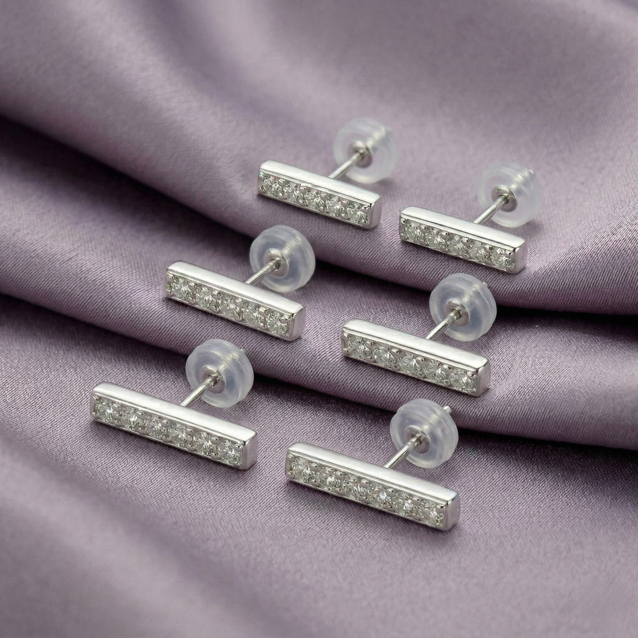 LUXE 925 Sterling Silver Minimalist Bar Stud Earrings Set of 3 High Polish Rhodium Finish Fine Jewellery for Women