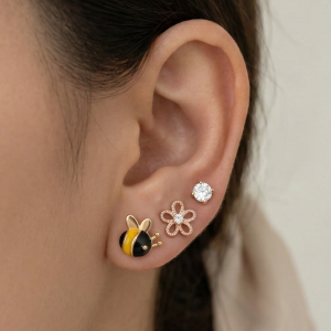 LUXE 925 Sterling Silver Rose Gold Plated Bee Flower Solitaire Stud Earrings Set of 3 Fine Jewellery for Women
