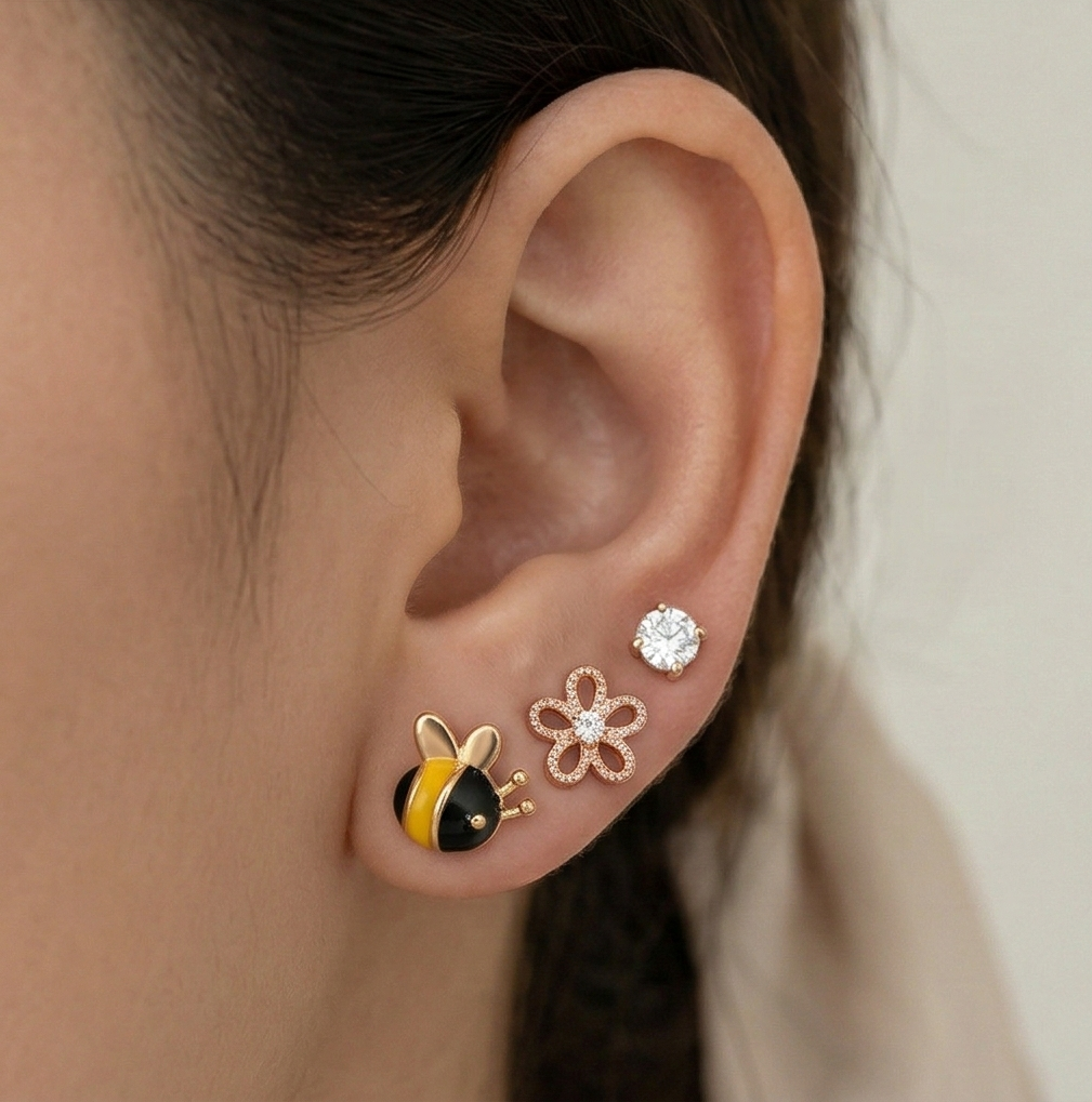 LUXE 925 Sterling Silver Rose Gold Plated Bee Flower Solitaire Stud Earrings Set of 3 Fine Jewellery for Women
