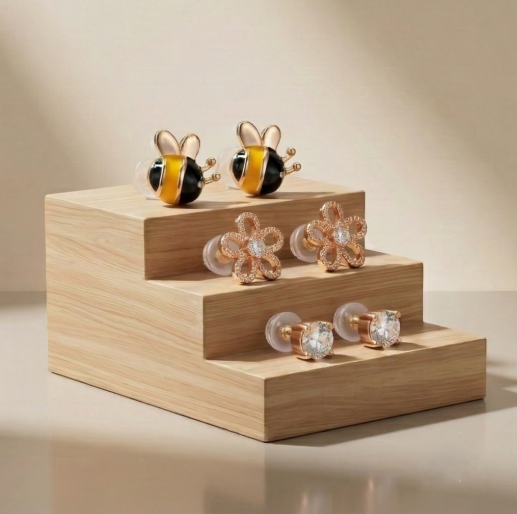 LUXE 925 Sterling Silver Rose Gold Plated Bee Flower Solitaire Stud Earrings Set of 3 Fine Jewellery for Women