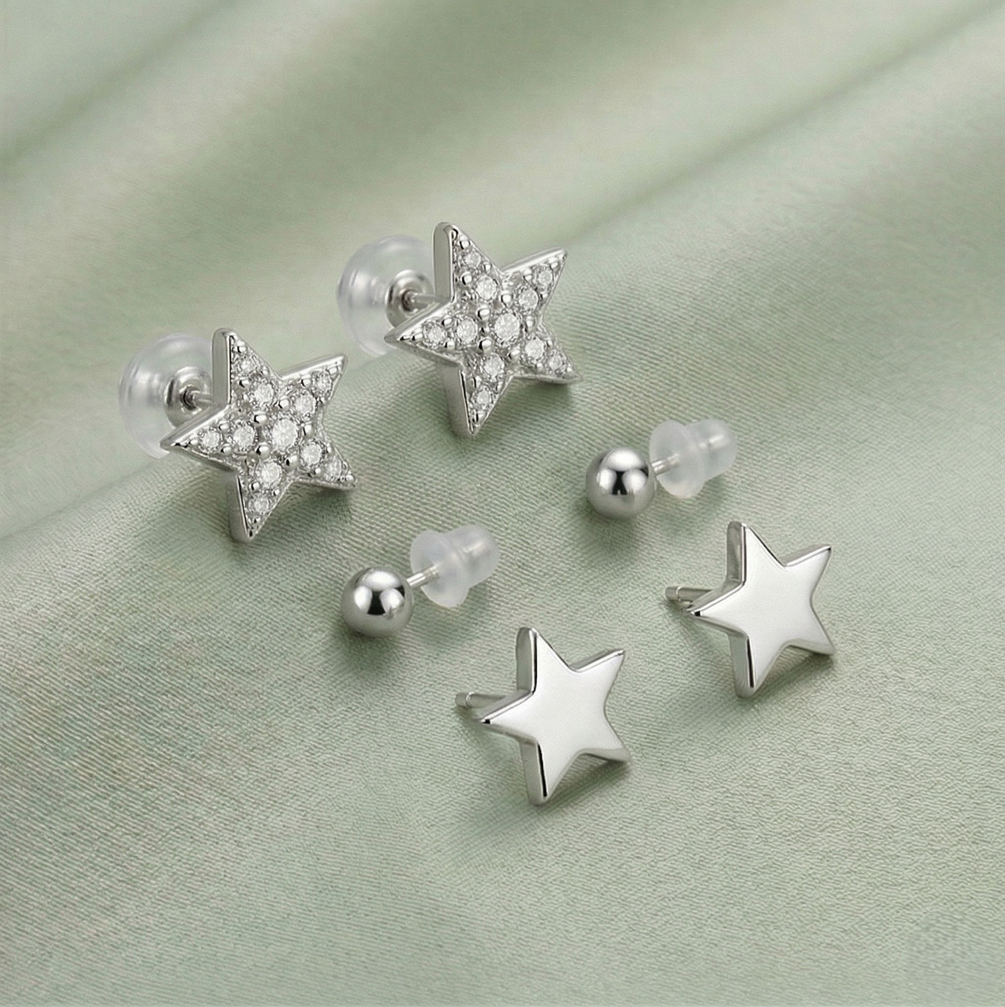 LUXE 925 Sterling Silver Celestial Star and Ball Stud Earrings Set of 3 High Polish Rhodium Finish Fine Jewellery for Women