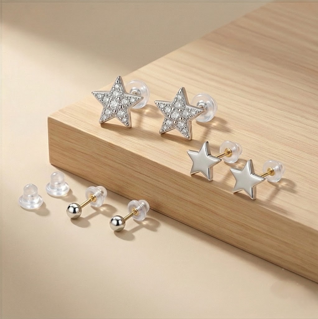 LUXE 925 Sterling Silver Celestial Star and Ball Stud Earrings Set of 3 High Polish Rhodium Finish Fine Jewellery for Women