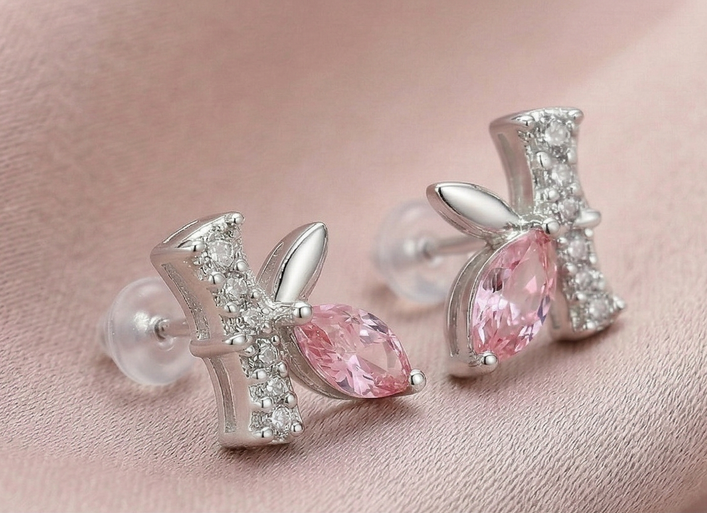 LUXE 925 Sterling Silver Pink Marquise Whimsical Stud Earrings High Polish Rhodium Finish Fine Jewellery for Women