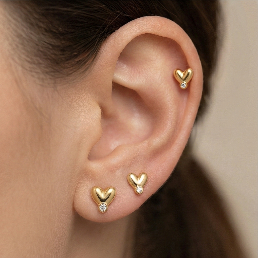 LUXE 925 Sterling Silver Gold Plated Puffed Heart Stud Earrings Fine Jewellery for Women