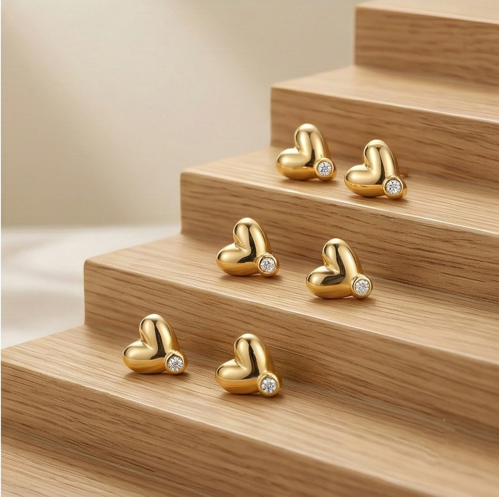 LUXE 925 Sterling Silver Gold Plated Puffed Heart Stud Earrings Fine Jewellery for Women