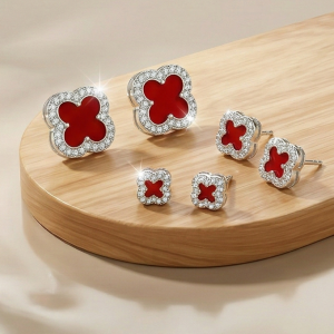 LUXE 925 Sterling Silver Red Enamel Clover Set of 3 Stud Earrings High Polish Rhodium Finish Fine Jewellery