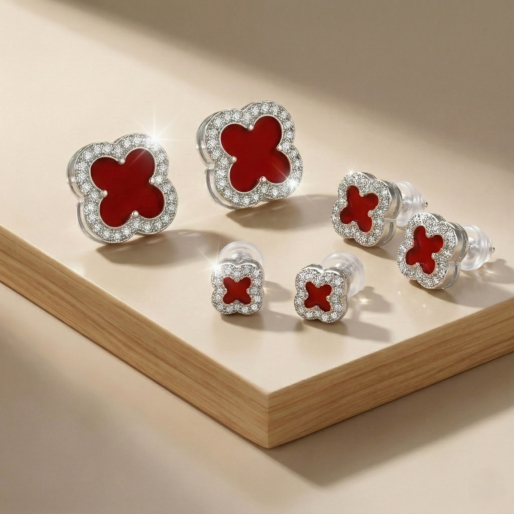 LUXE 925 Sterling Silver Red Enamel Clover Set of 3 Stud Earrings High Polish Rhodium Finish Fine Jewellery