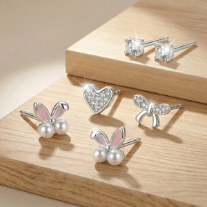LUXE 925 Sterling Silver Whimsical Motif Stud Earrings Set of 3 High Polish Rhodium Finish Fine Jewellery