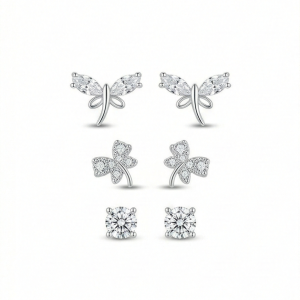 LUXE 925 Sterling Silver Nature Inspired Multi Piercing Set of 3 Stud Earrings High Polish Rhodium Finish Fine Jewellery