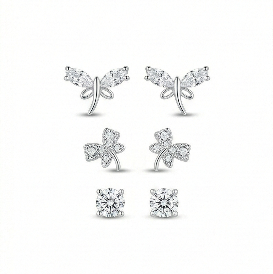 LUXE 925 Sterling Silver Nature Inspired Multi Piercing Set of 3 Stud Earrings High Polish Rhodium Finish Fine Jewellery