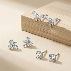 LUXE 925 Sterling Silver Nature Inspired Multi Piercing Set of 3 Stud Earrings High Polish Rhodium Finish Fine Jewellery