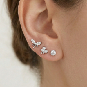 LUXE 925 Sterling Silver Nature Inspired Multi Piercing Set of 3 Stud Earrings High Polish Rhodium Finish Fine Jewellery