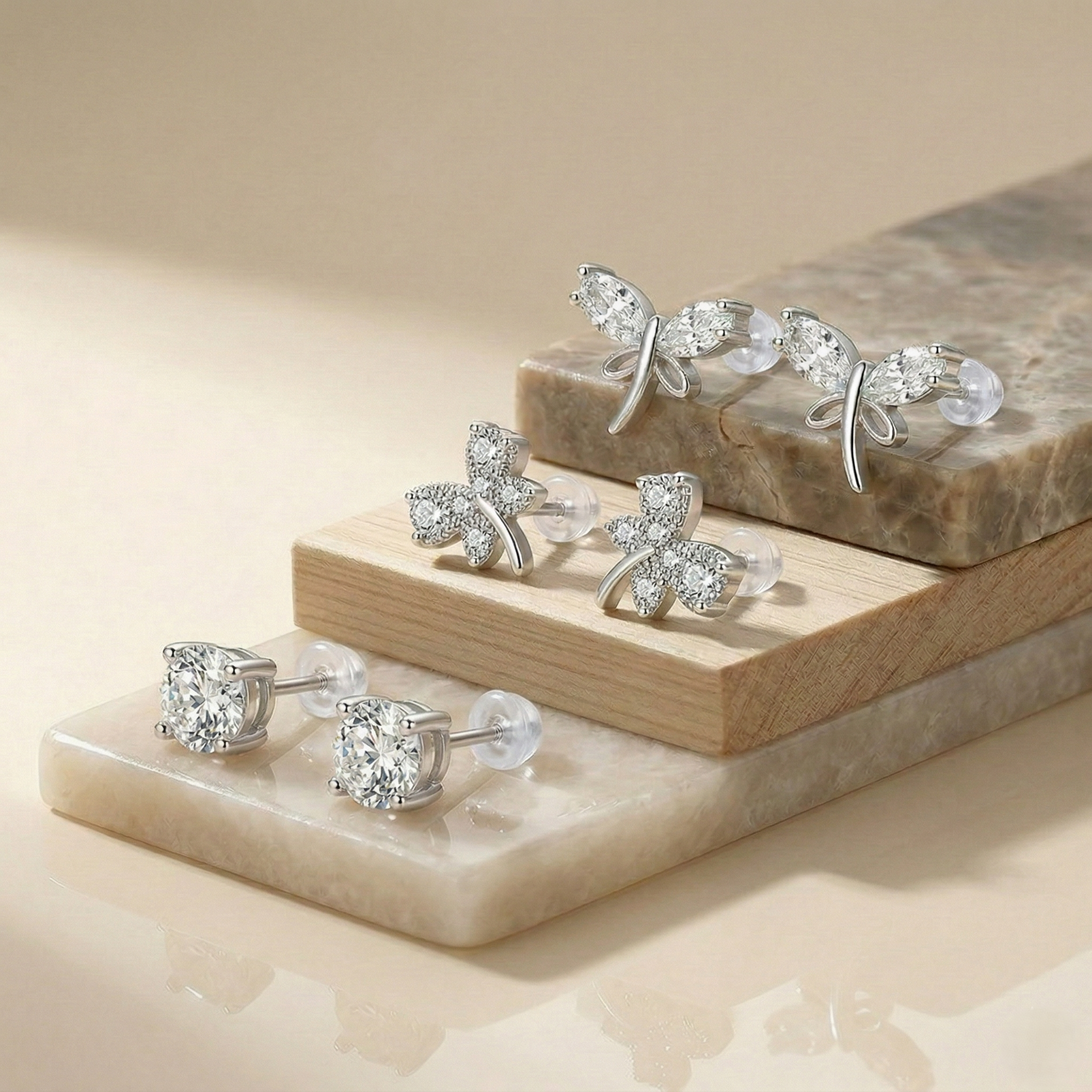 LUXE 925 Sterling Silver Nature Inspired Multi Piercing Set of 3 Stud Earrings High Polish Rhodium Finish Fine Jewellery
