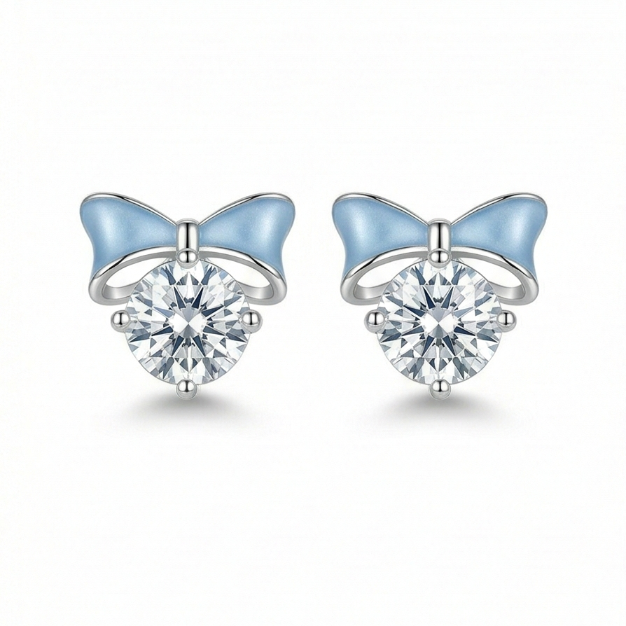 LUXE 925 Sterling Silver Blue Enamel Bow Solitaire Stud Earrings High Polish Rhodium Finish Fine Jewellery