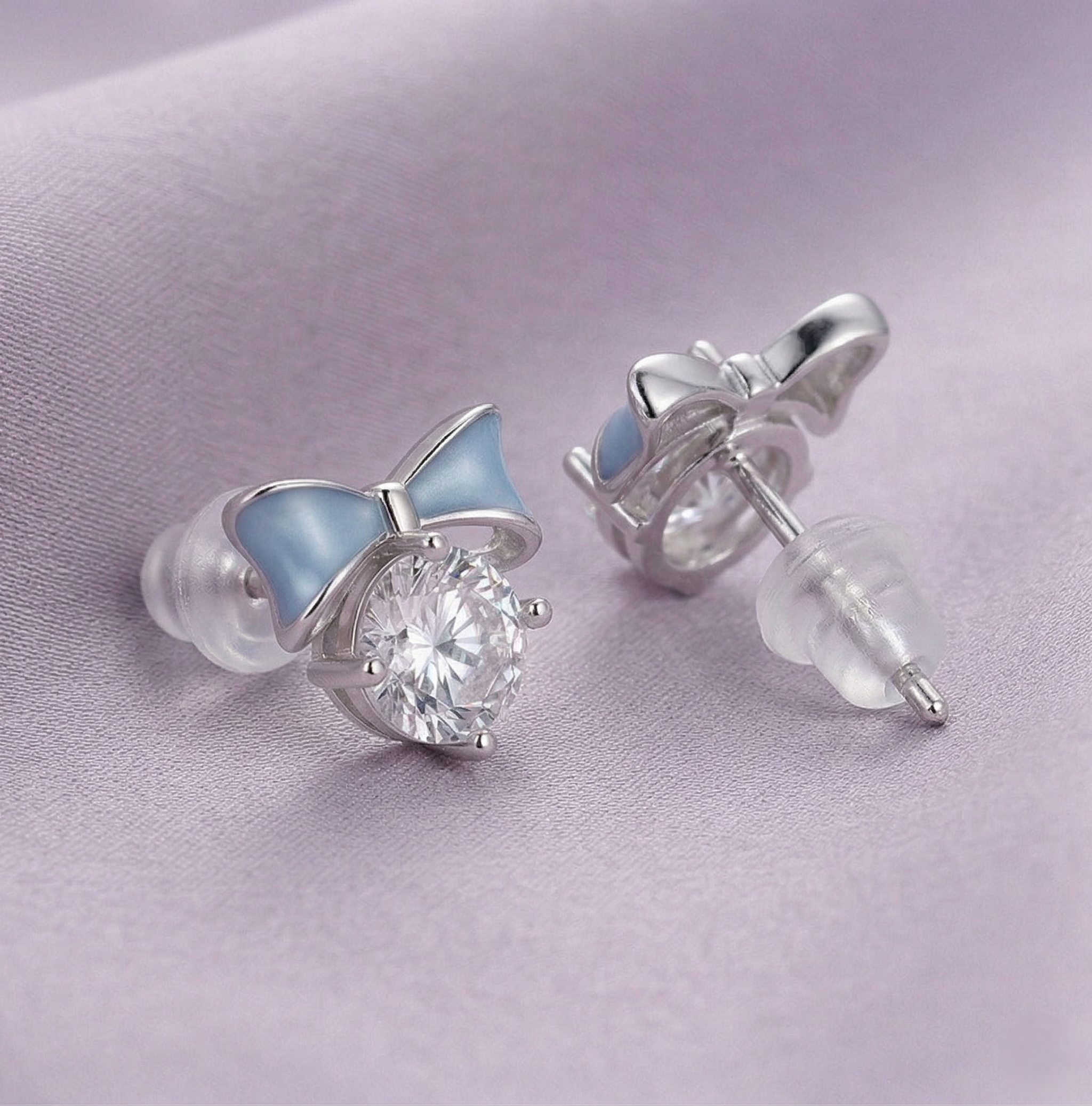 LUXE 925 Sterling Silver Blue Enamel Bow Solitaire Stud Earrings High Polish Rhodium Finish Fine Jewellery