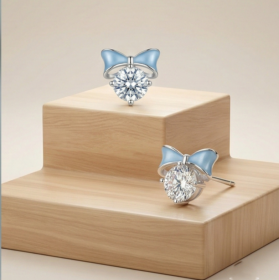 LUXE 925 Sterling Silver Blue Enamel Bow Solitaire Stud Earrings High Polish Rhodium Finish Fine Jewellery