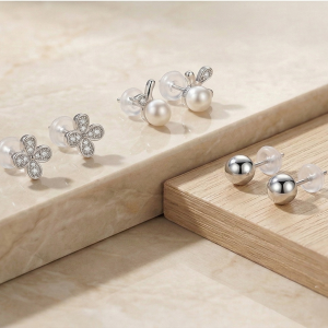 LUXE 925 Sterling Silver Pearl and Floral Stud Earrings Set of 3 High Polish Rhodium Finish Fine Jewellery