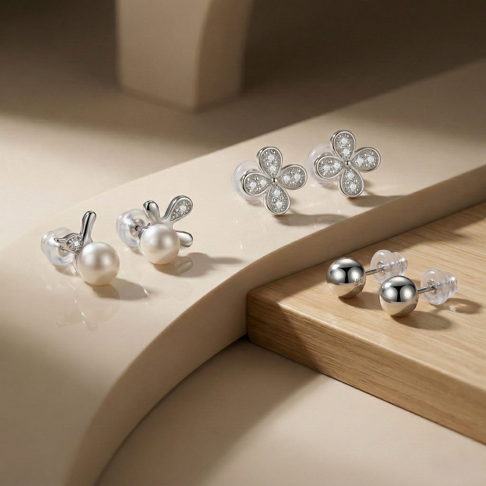 LUXE 925 Sterling Silver Pearl and Floral Stud Earrings Set of 3 High Polish Rhodium Finish Fine Jewellery
