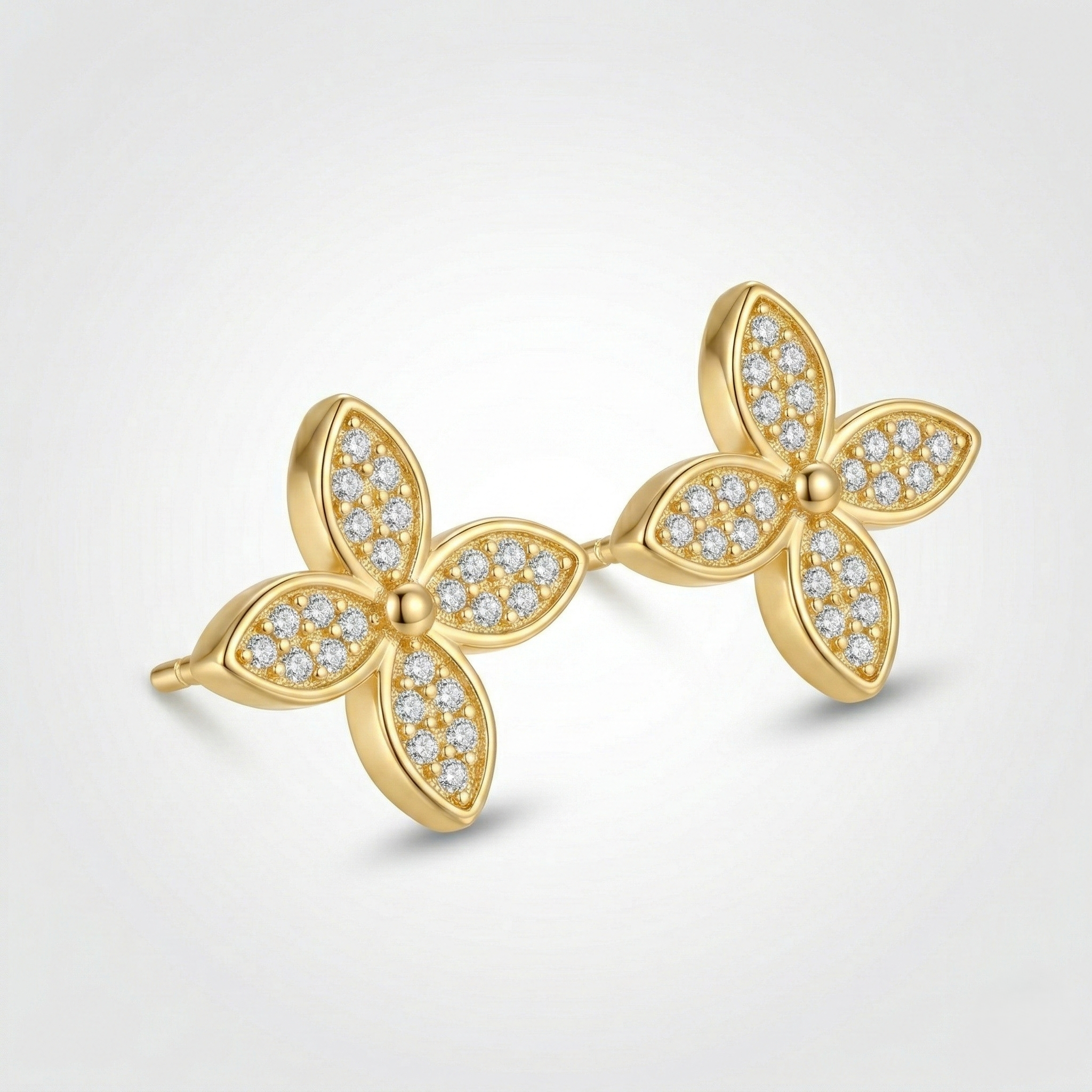 LUXE 925 Sterling Silver Four Petal Floral Stud Earrings Yellow Gold Finish Fine Jewellery