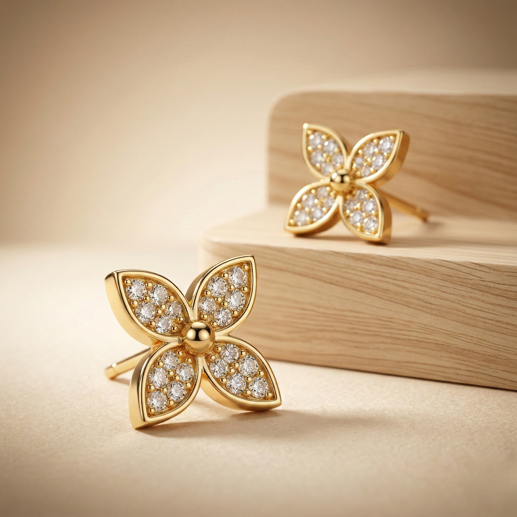LUXE 925 Sterling Silver Four Petal Floral Stud Earrings Yellow Gold Finish Fine Jewellery