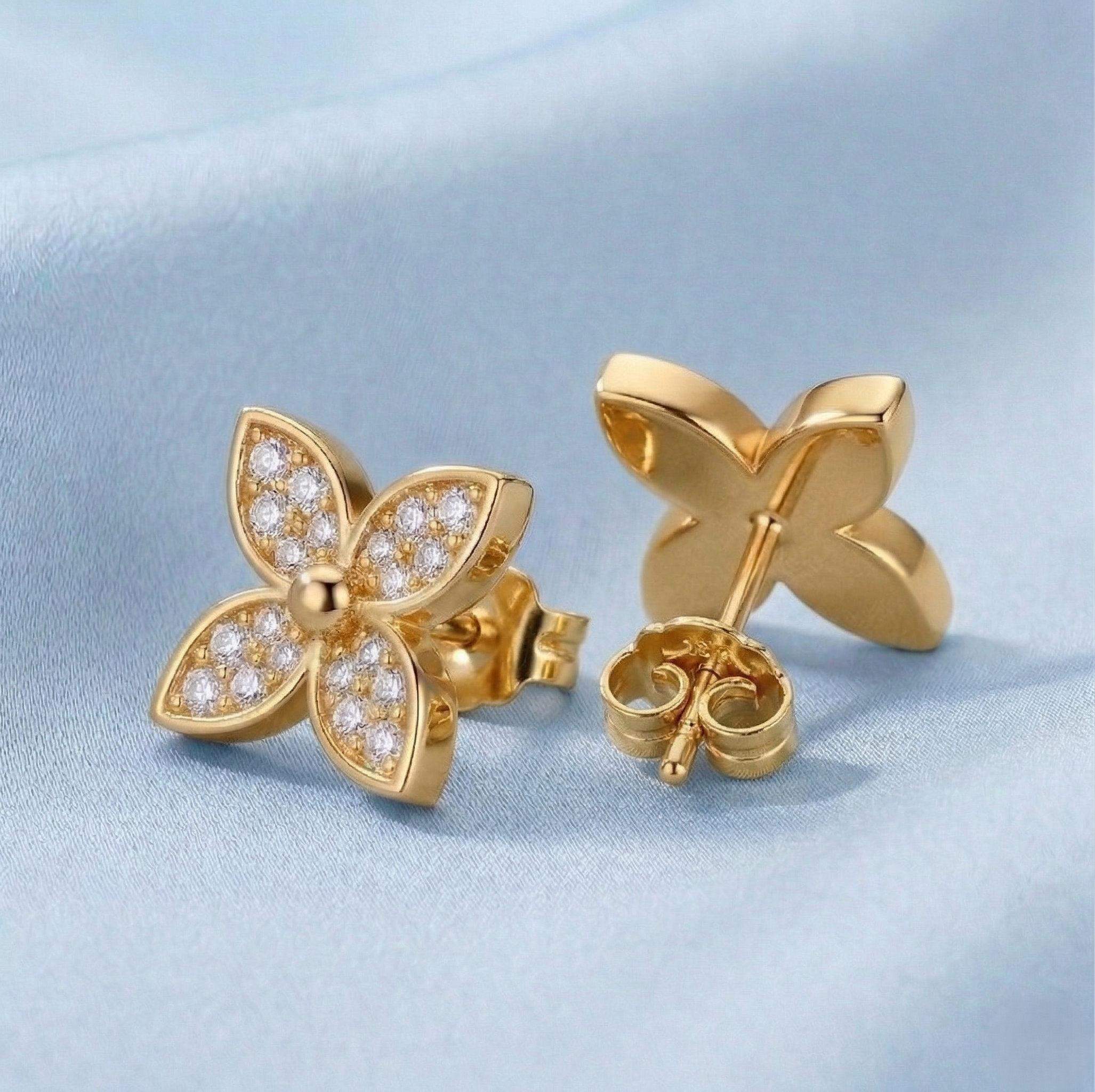 LUXE 925 Sterling Silver Four Petal Floral Stud Earrings Yellow Gold Finish Fine Jewellery
