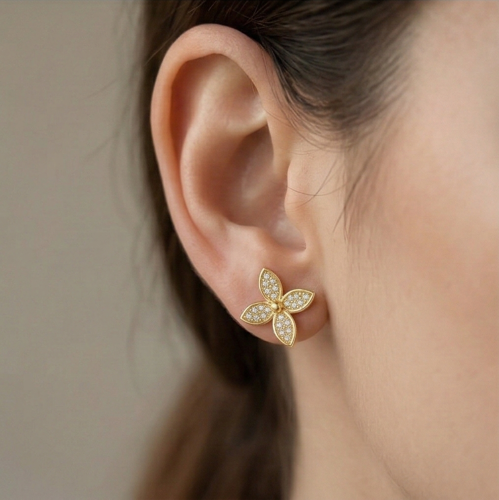 LUXE 925 Sterling Silver Four Petal Floral Stud Earrings Yellow Gold Finish Fine Jewellery