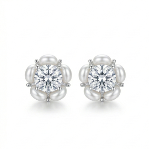 LUXE 925 Sterling Silver Pearl Halo Floral Stud Earrings High Polish Rhodium Finish Fine Jewellery