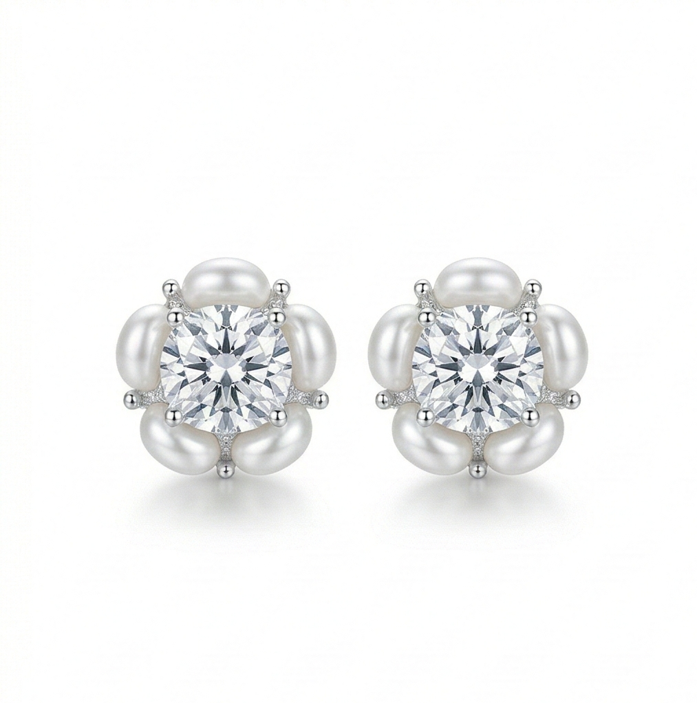 LUXE 925 Sterling Silver Pearl Halo Floral Stud Earrings High Polish Rhodium Finish Fine Jewellery