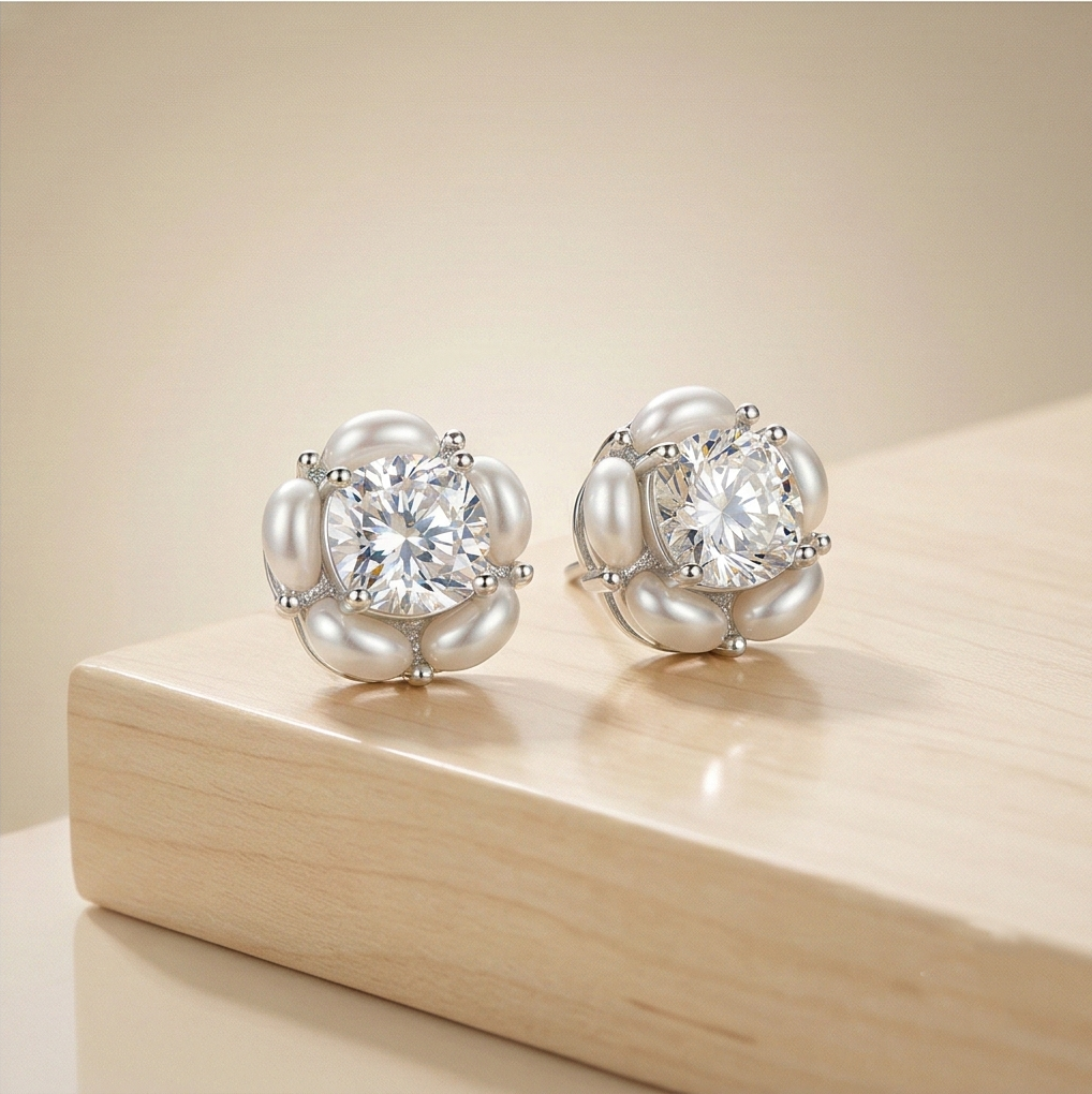 LUXE 925 Sterling Silver Pearl Halo Floral Stud Earrings High Polish Rhodium Finish Fine Jewellery