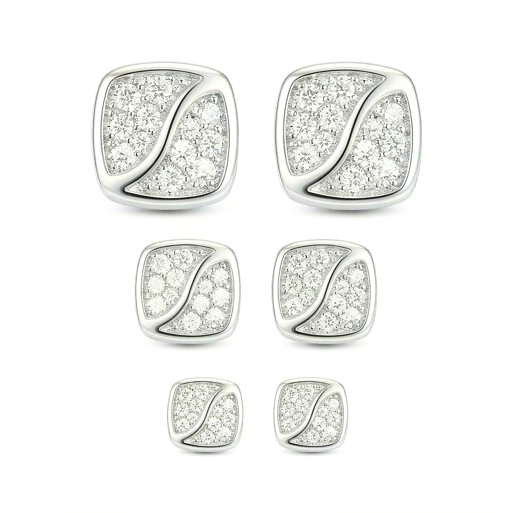 LUXE 925 Sterling Silver Square Wave Set of 3 Stud Earrings High Polish Rhodium Fine Jewellery