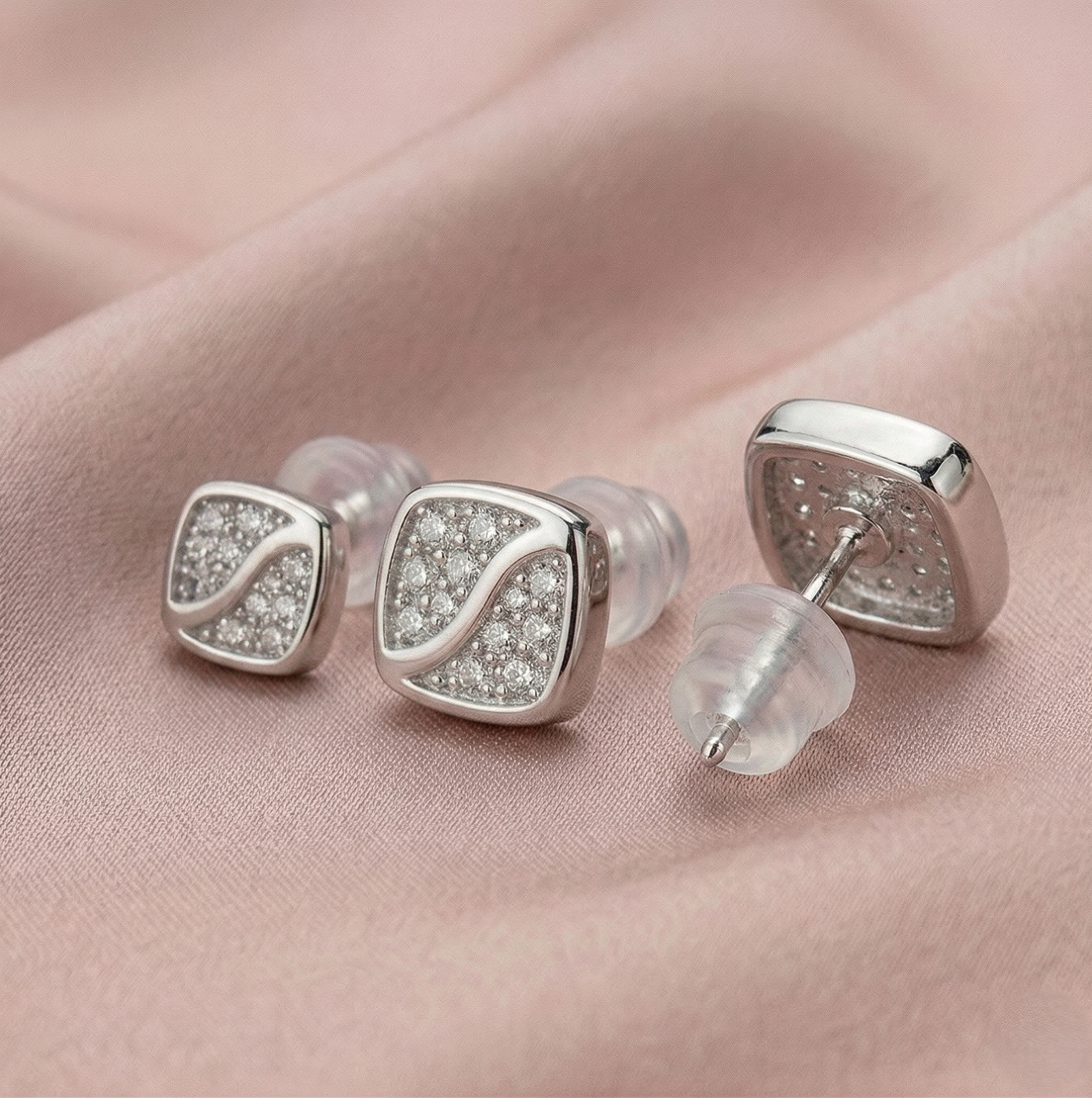 LUXE 925 Sterling Silver Square Wave Set of 3 Stud Earrings High Polish Rhodium Fine Jewellery