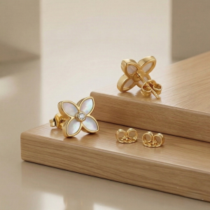 LUXE 925 Sterling Silver Mother of Pearl Floral Stud Earrings High Polish Gold Finish LUXE Botanical Jewellery