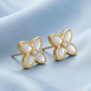 LUXE 925 Sterling Silver Mother of Pearl Floral Stud Earrings High Polish Gold Finish LUXE Botanical Jewellery
