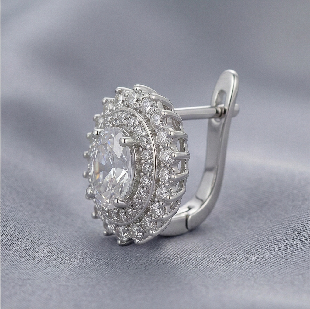 LUXE 925 Sterling Silver High Polish Rhodium Oval Halo Drop Earrings Vintage Bridal Jewellery