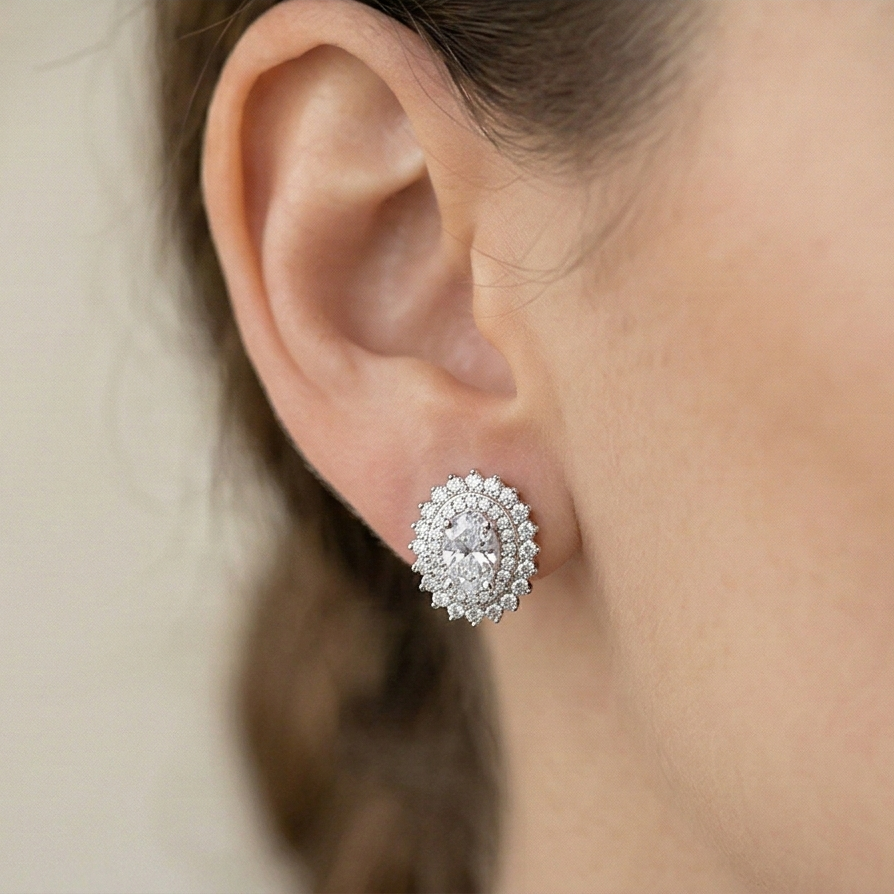 LUXE 925 Sterling Silver High Polish Rhodium Oval Halo Drop Earrings Vintage Bridal Jewellery
