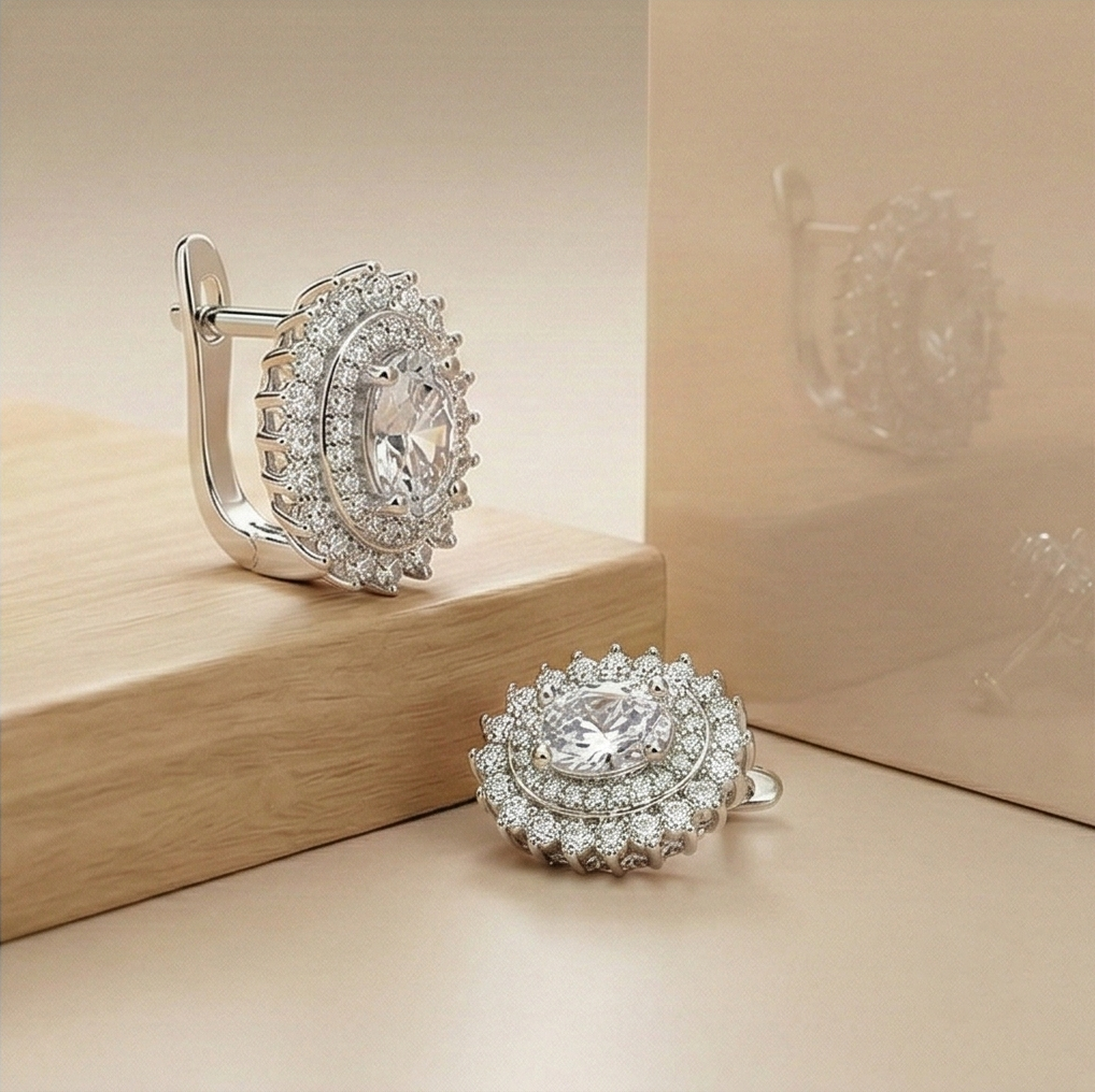 LUXE 925 Sterling Silver High Polish Rhodium Oval Halo Drop Earrings Vintage Bridal Jewellery