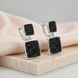 LUXE 925 Sterling Silver Black Geometric Drop Earrings High Polish Rhodium Finish Fine Women's Jewellery