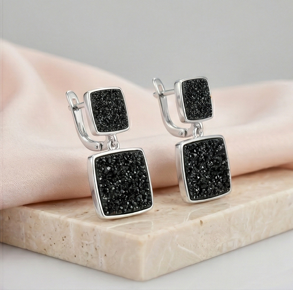 LUXE 925 Sterling Silver Black Geometric Drop Earrings High Polish Rhodium Finish Fine Women's Jewellery