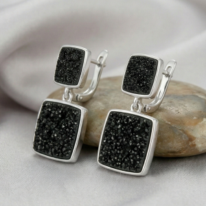 LUXE 925 Sterling Silver Black Geometric Drop Earrings High Polish Rhodium Finish Fine Women's Jewellery