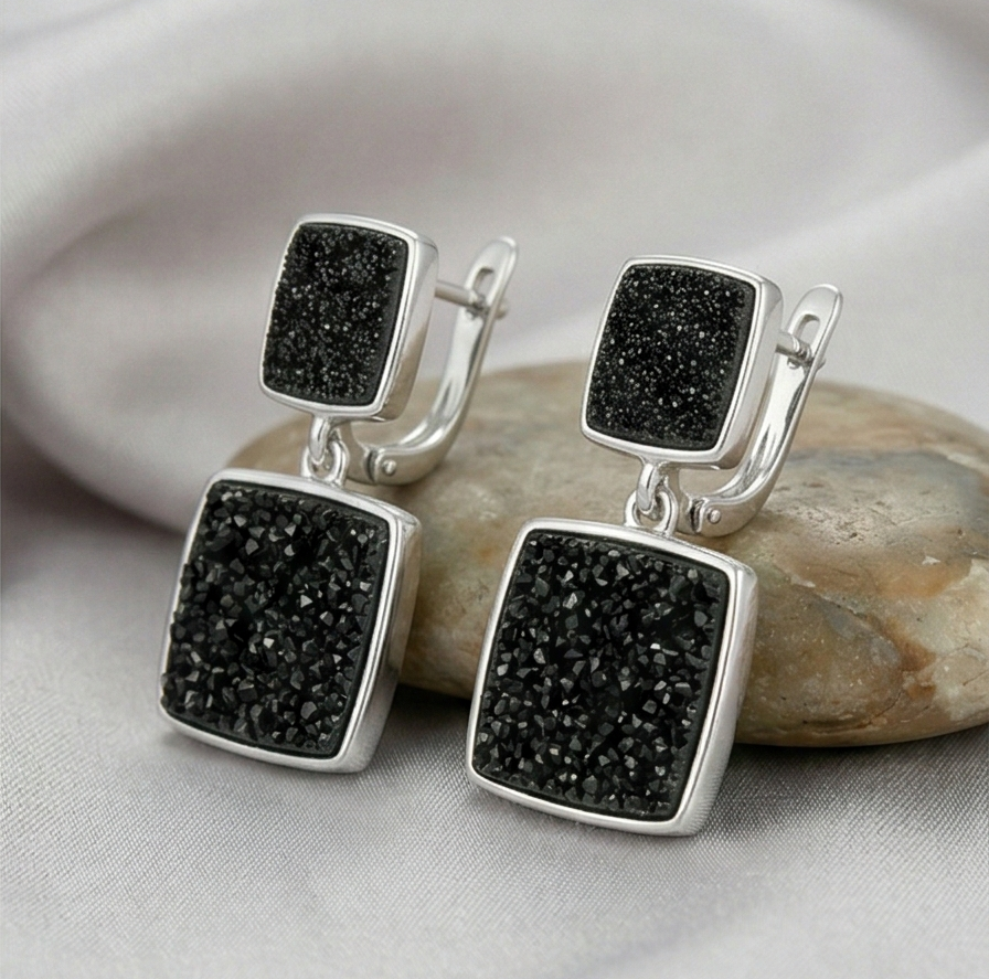 LUXE 925 Sterling Silver Black Geometric Drop Earrings High Polish Rhodium Finish Fine Women's Jewellery